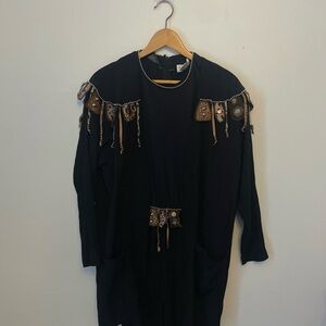 Vintage 80’s Adolfo Black Open Front Embellished Jacket & Jumpsuit 2 Pc M 8/10